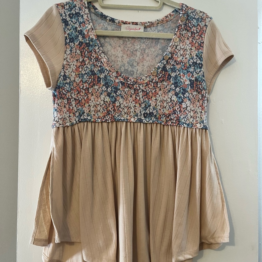 Sugar Blue and Orange Asymmetrical Peplum Blouse